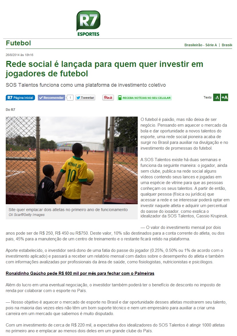 SOS Talentos no portal R7 26.08.2014