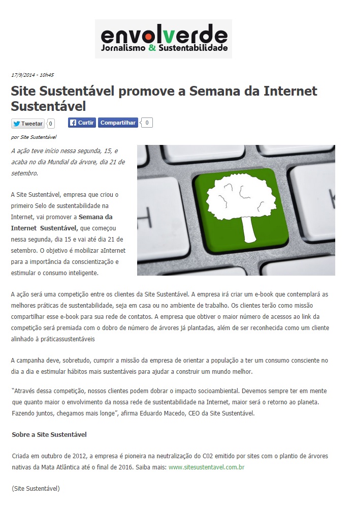 Site Sustentável no Portal Envolverde 17.09.2014
