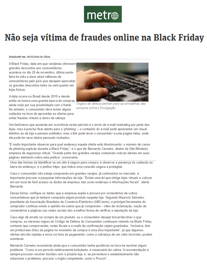 Site Blindado no Jornal Metro - 27.11.2014