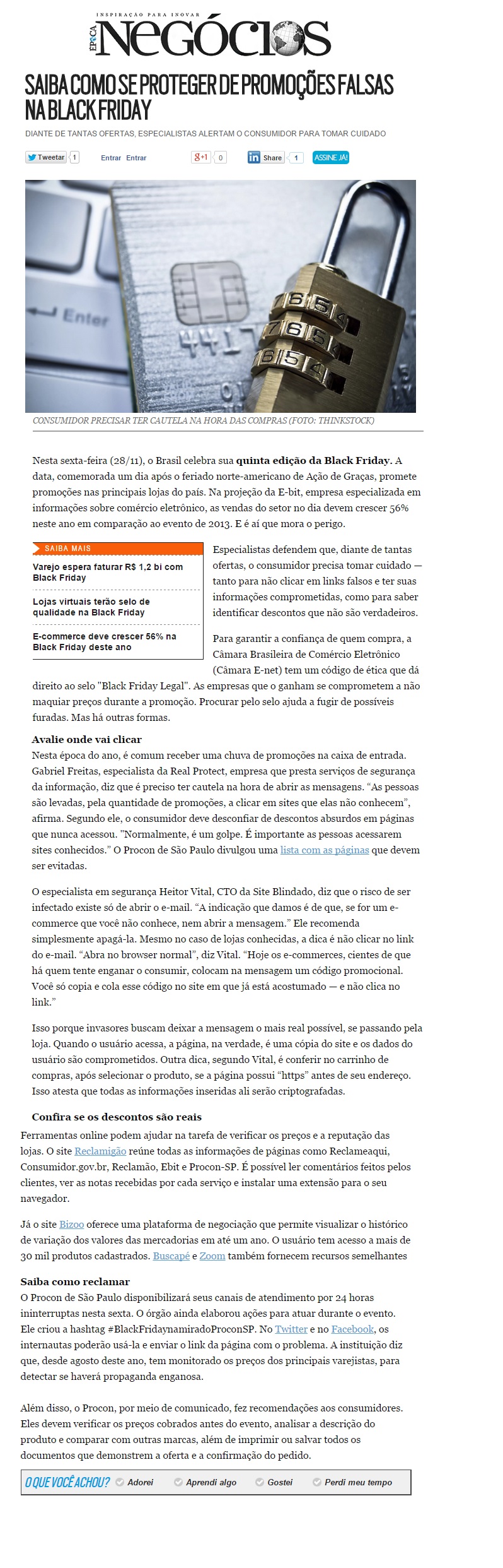 Site Blindado na Época Negócios Online 28.11.2014
