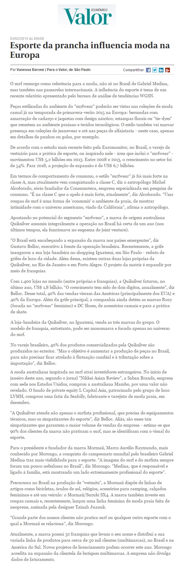 Consumoteca no Jornal Valor Econômico - 03.02.2015