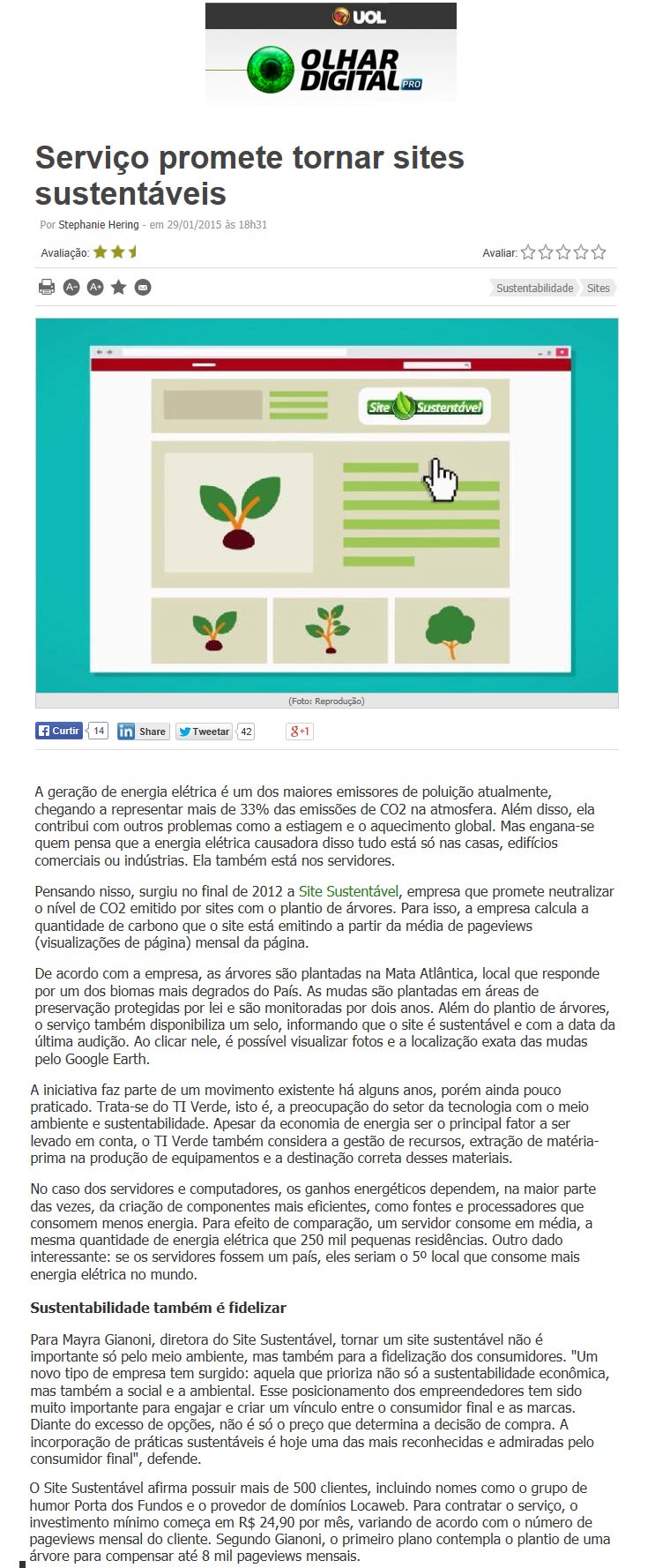 Site Sustentável no Olhar Digital 29.01.2015