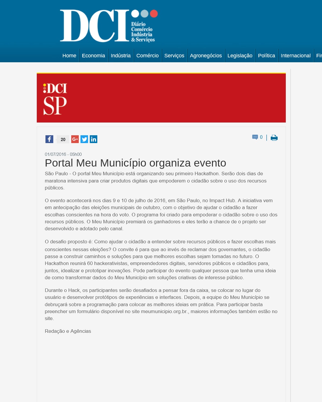 Portal Meu Município no Jornal DCI - On Line - 01.07.2016